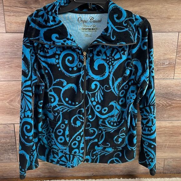 Onque Casuals Velour Zip Up Jacket, Size Small, Teal and Black - Picture 2 of 6